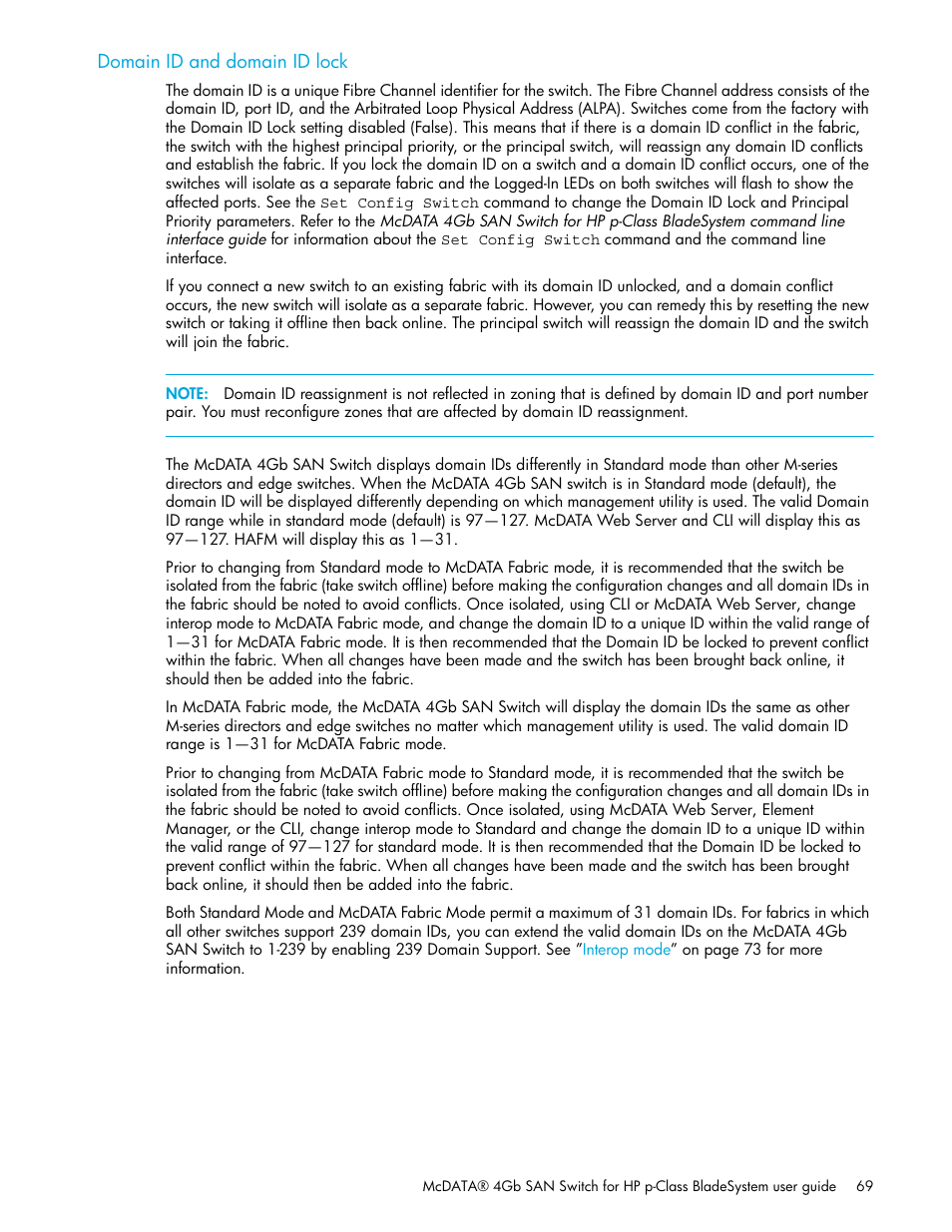 Domain id and domain id lock | HP McDATA 4Gb SAN Switch for HP BladeSystem p-Class User Manual | Page 69 / 104