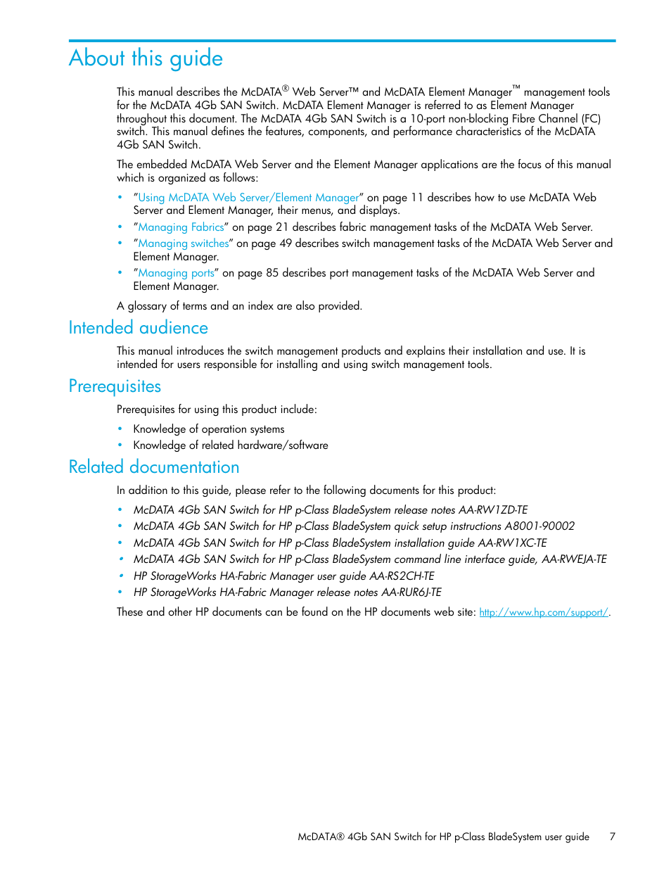 About this guide, Intended audience, Prerequisites | Related documentation | HP McDATA 4Gb SAN Switch for HP BladeSystem p-Class User Manual | Page 7 / 104