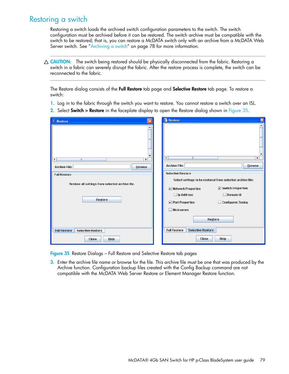 Restoring a switch | HP McDATA 4Gb SAN Switch for HP BladeSystem p-Class User Manual | Page 79 / 104