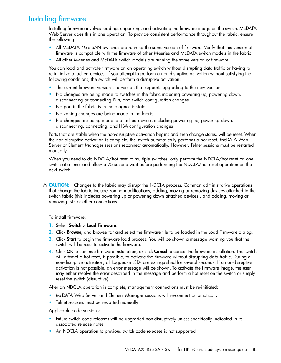 Installing firmware | HP McDATA 4Gb SAN Switch for HP BladeSystem p-Class User Manual | Page 83 / 104