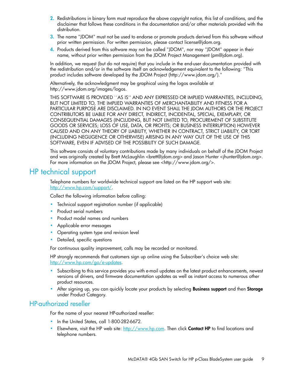 Hp technical support, Hp-authorized reseller | HP McDATA 4Gb SAN Switch for HP BladeSystem p-Class User Manual | Page 9 / 104