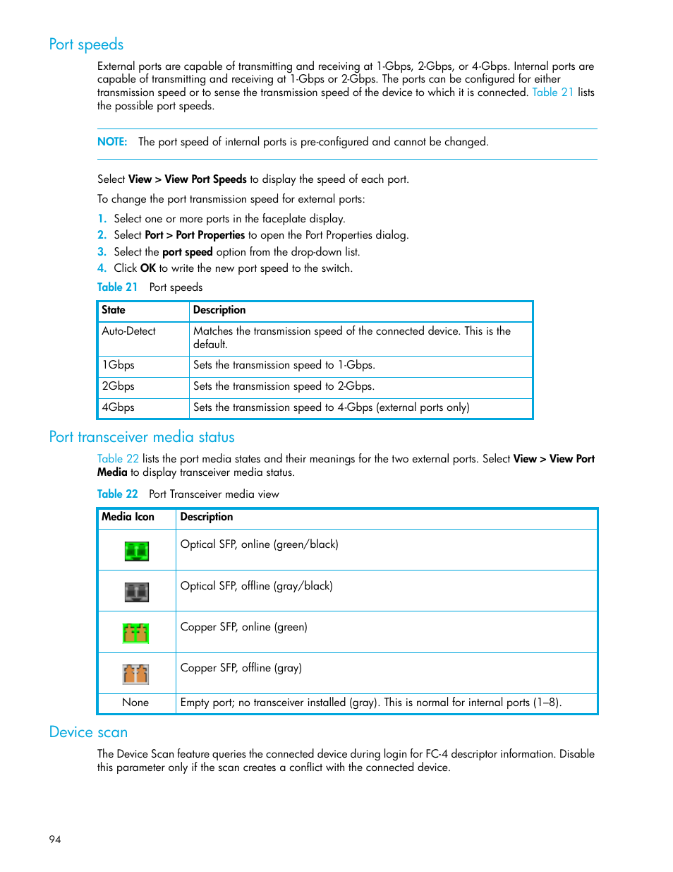 Port speeds, Table 21 port speeds, Port transceiver media status | Table 22 port transceiver media view, Device scan, 21 port speeds 22 port transceiver media view | HP McDATA 4Gb SAN Switch for HP BladeSystem p-Class User Manual | Page 94 / 104