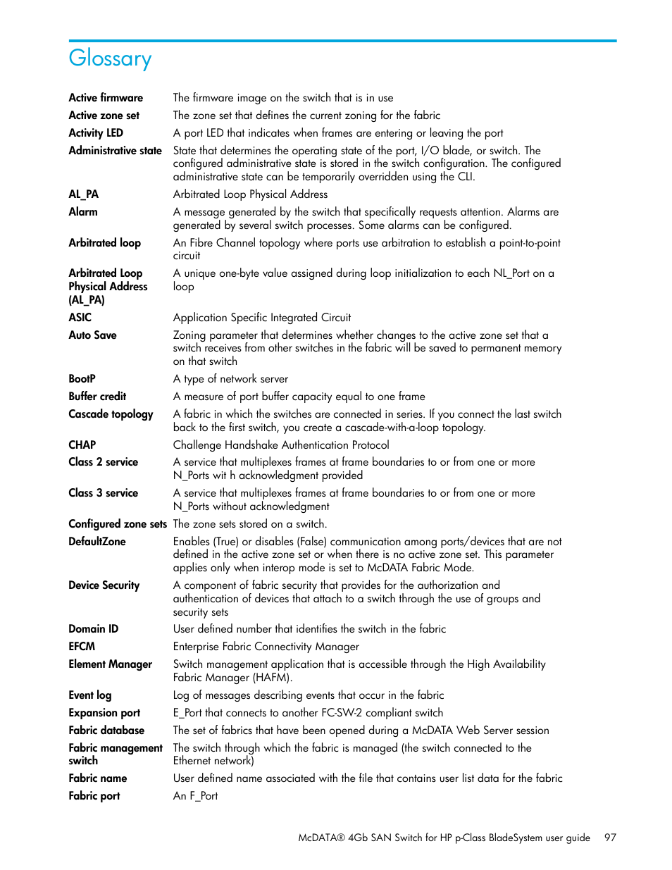 Glossary | HP McDATA 4Gb SAN Switch for HP BladeSystem p-Class User Manual | Page 97 / 104