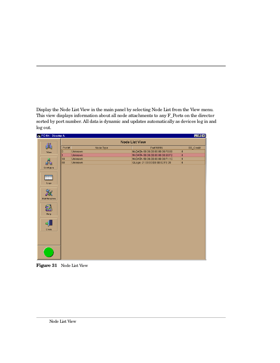 Node list view, 31 node list view | HP Surestore 64 Director Switch User Manual | Page 100 / 260
