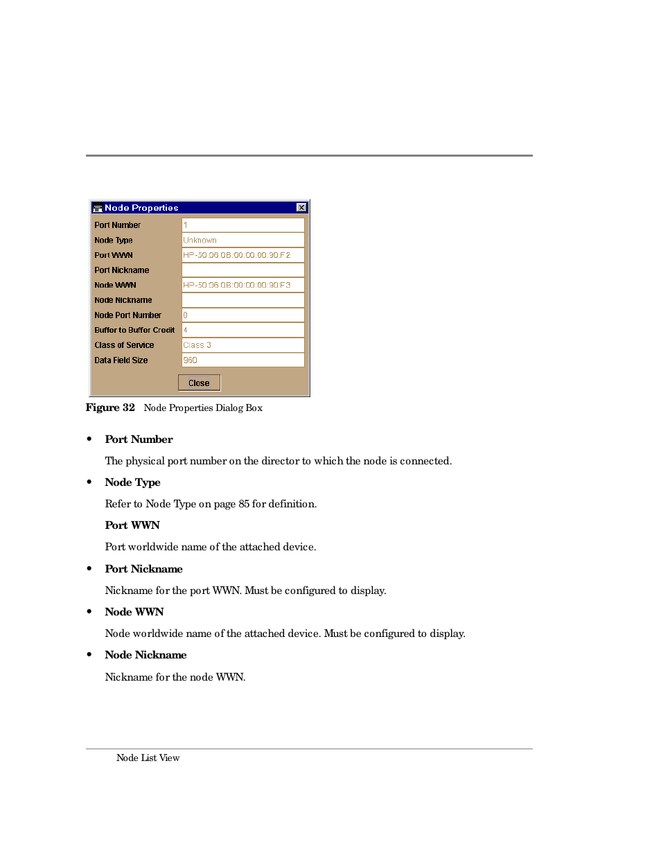 32 node properties dialog box | HP Surestore 64 Director Switch User Manual | Page 104 / 260