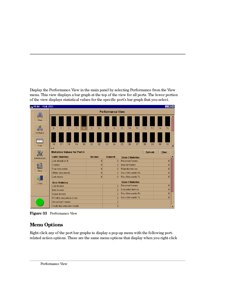 Performance view, Menu options, 33 performance view | HP Surestore 64 Director Switch User Manual | Page 106 / 260