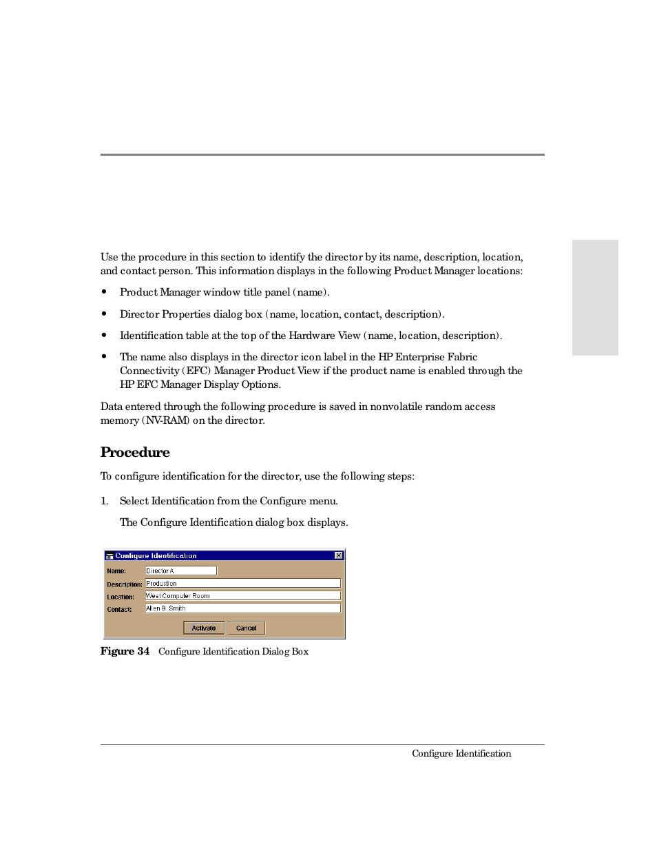 Configure identification, Procedure, 34 configure identification dialog box | HP Surestore 64 Director Switch User Manual | Page 121 / 260