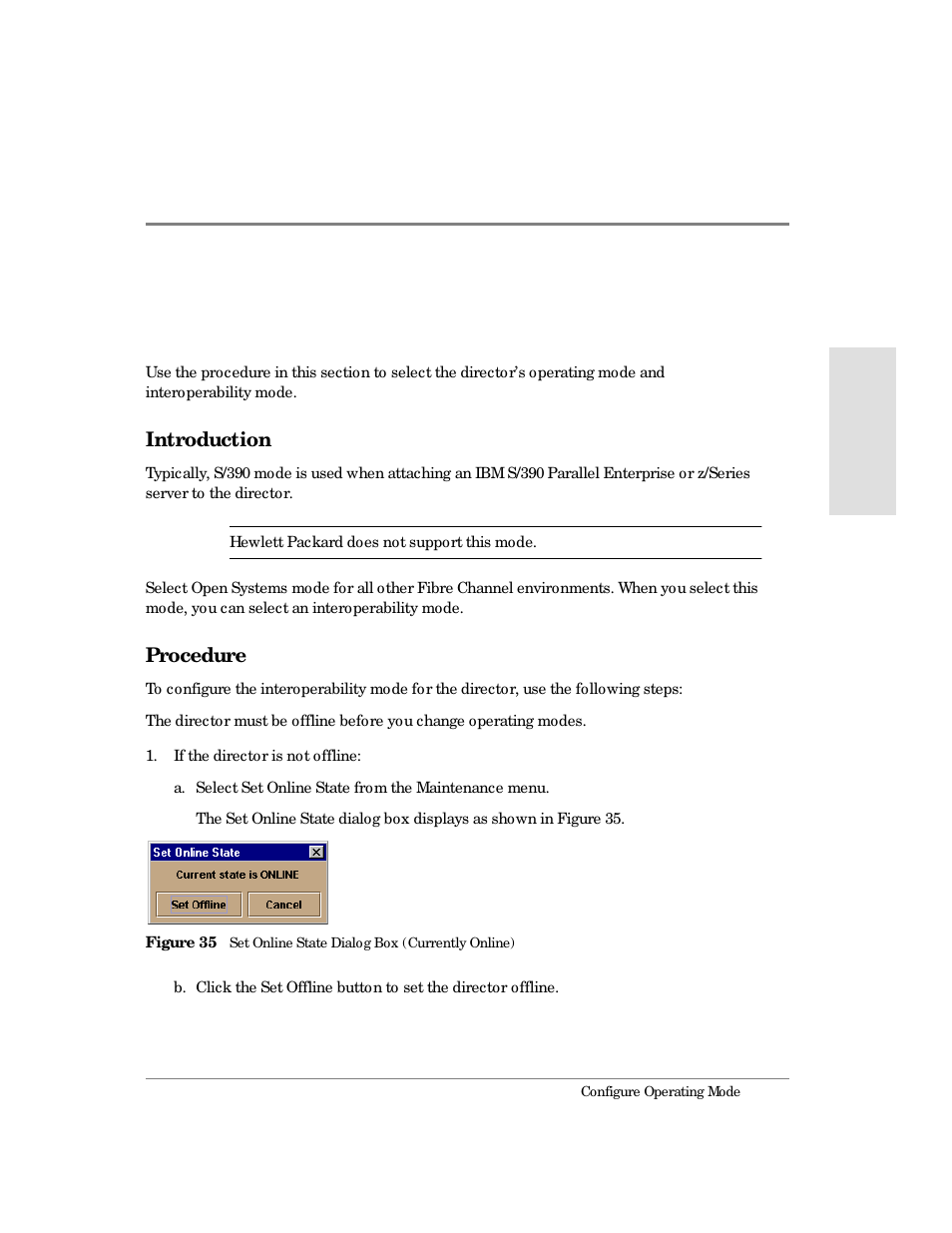 Configure operating mode, Introduction, Procedure | 35 set online state dialog box (currently online) | HP Surestore 64 Director Switch User Manual | Page 123 / 260