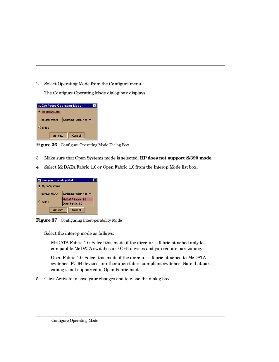 36 configure operating mode dialog box, 37 configuring interoperability mode | HP Surestore 64 Director Switch User Manual | Page 124 / 260