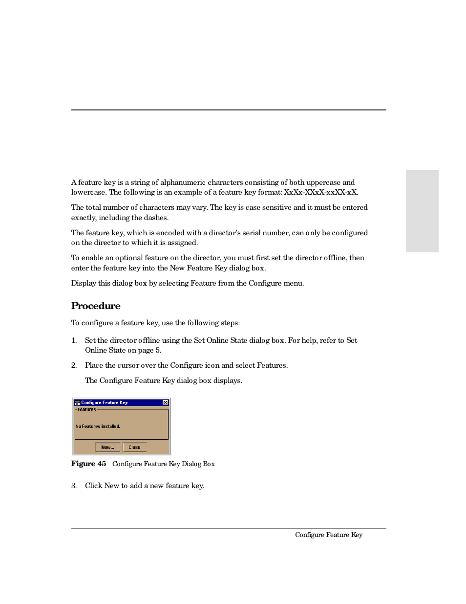Configure feature key, Procedure, 45 configure feature key dialog box | HP Surestore 64 Director Switch User Manual | Page 143 / 260