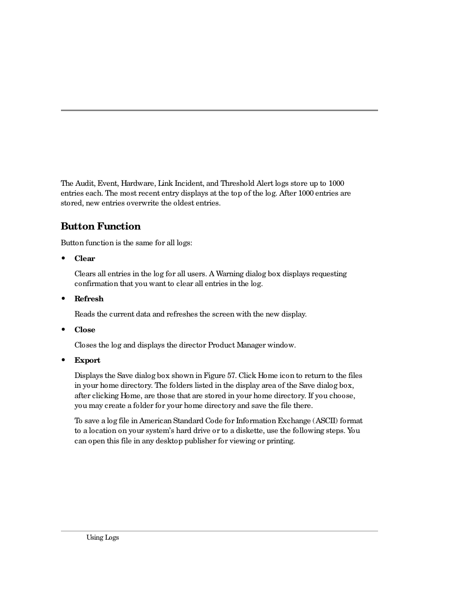 Using logs, Button function | HP Surestore 64 Director Switch User Manual | Page 164 / 260