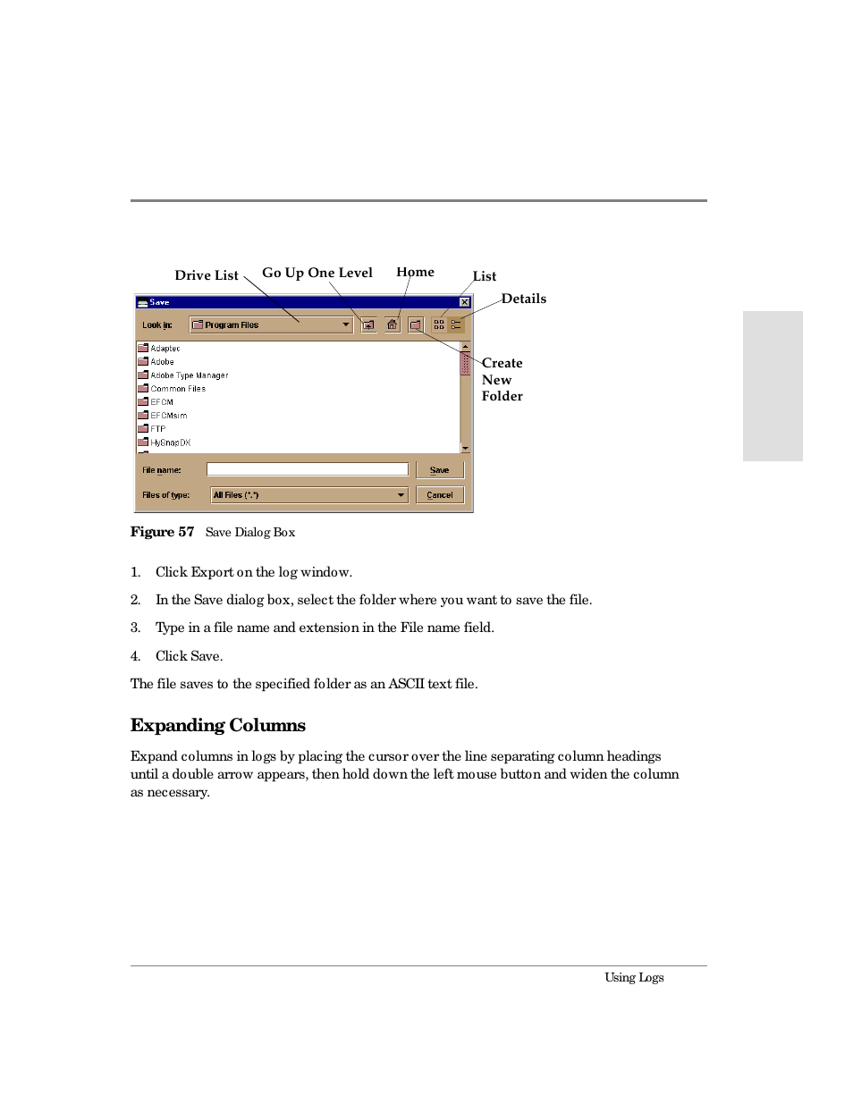 Expanding columns, 57 save dialog box | HP Surestore 64 Director Switch User Manual | Page 165 / 260