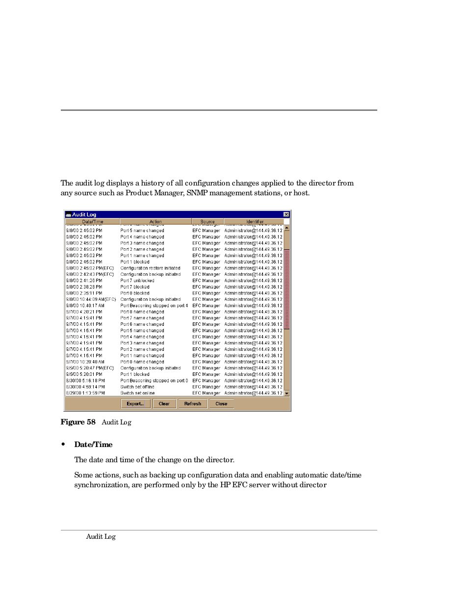 Audit log, 58 audit log | HP Surestore 64 Director Switch User Manual | Page 166 / 260