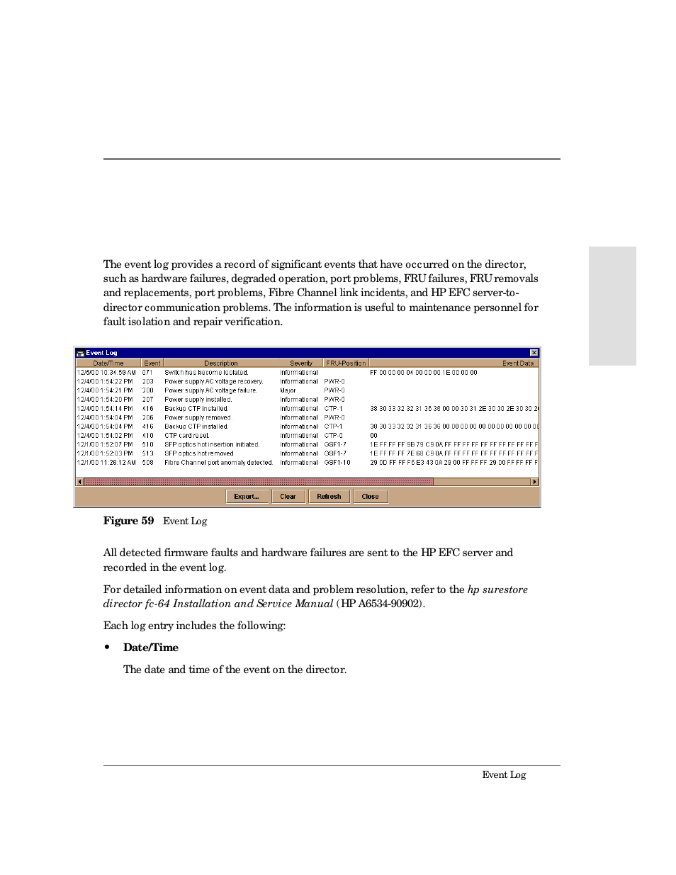 Event log, 59 event log | HP Surestore 64 Director Switch User Manual | Page 169 / 260