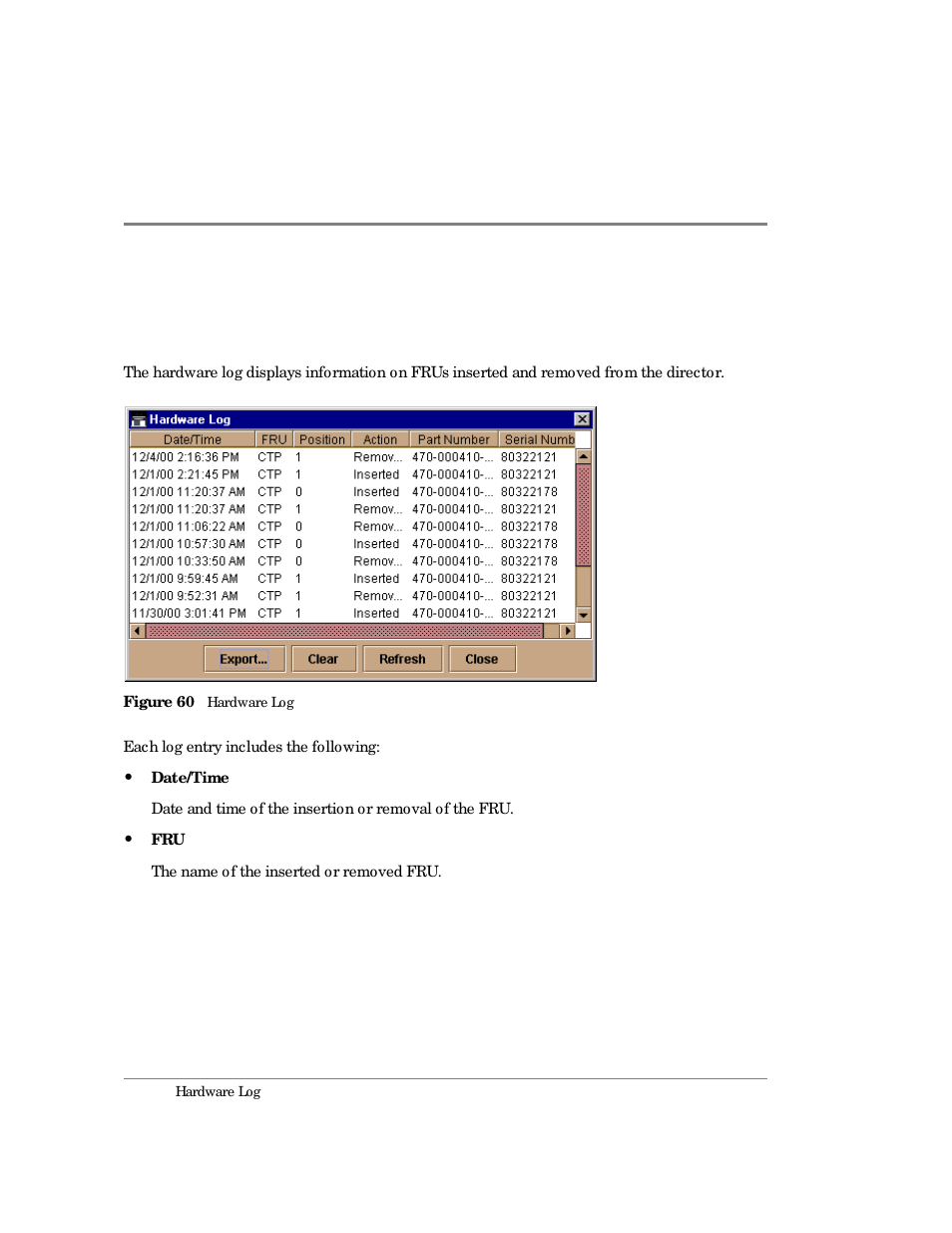 Hardware log, 60 hardware log | HP Surestore 64 Director Switch User Manual | Page 172 / 260