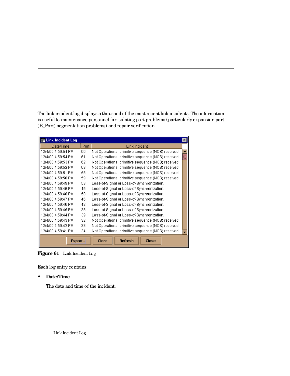 Link incident log, 61 link incident log | HP Surestore 64 Director Switch User Manual | Page 174 / 260