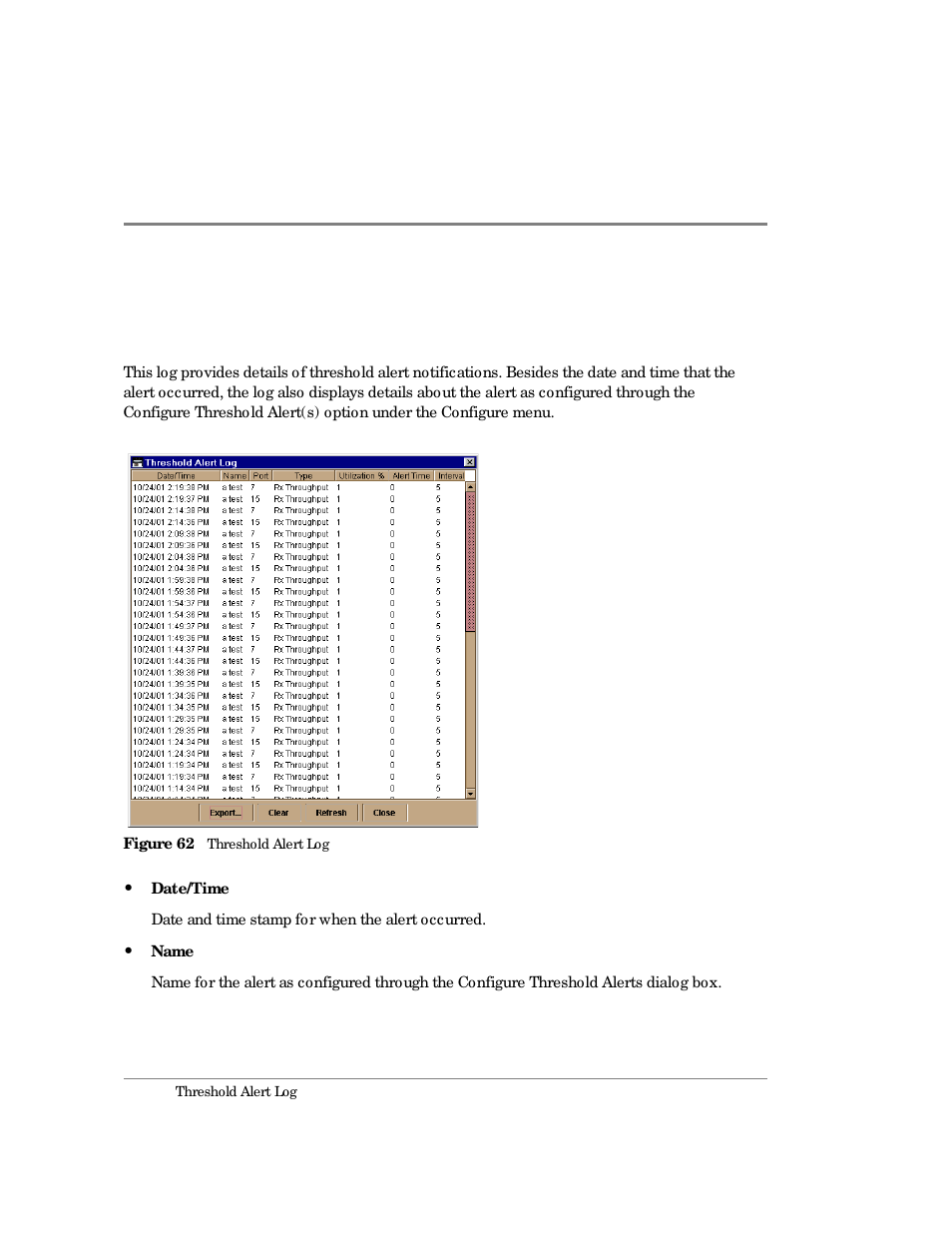 Threshold alert log, 62 threshold alert log | HP Surestore 64 Director Switch User Manual | Page 176 / 260