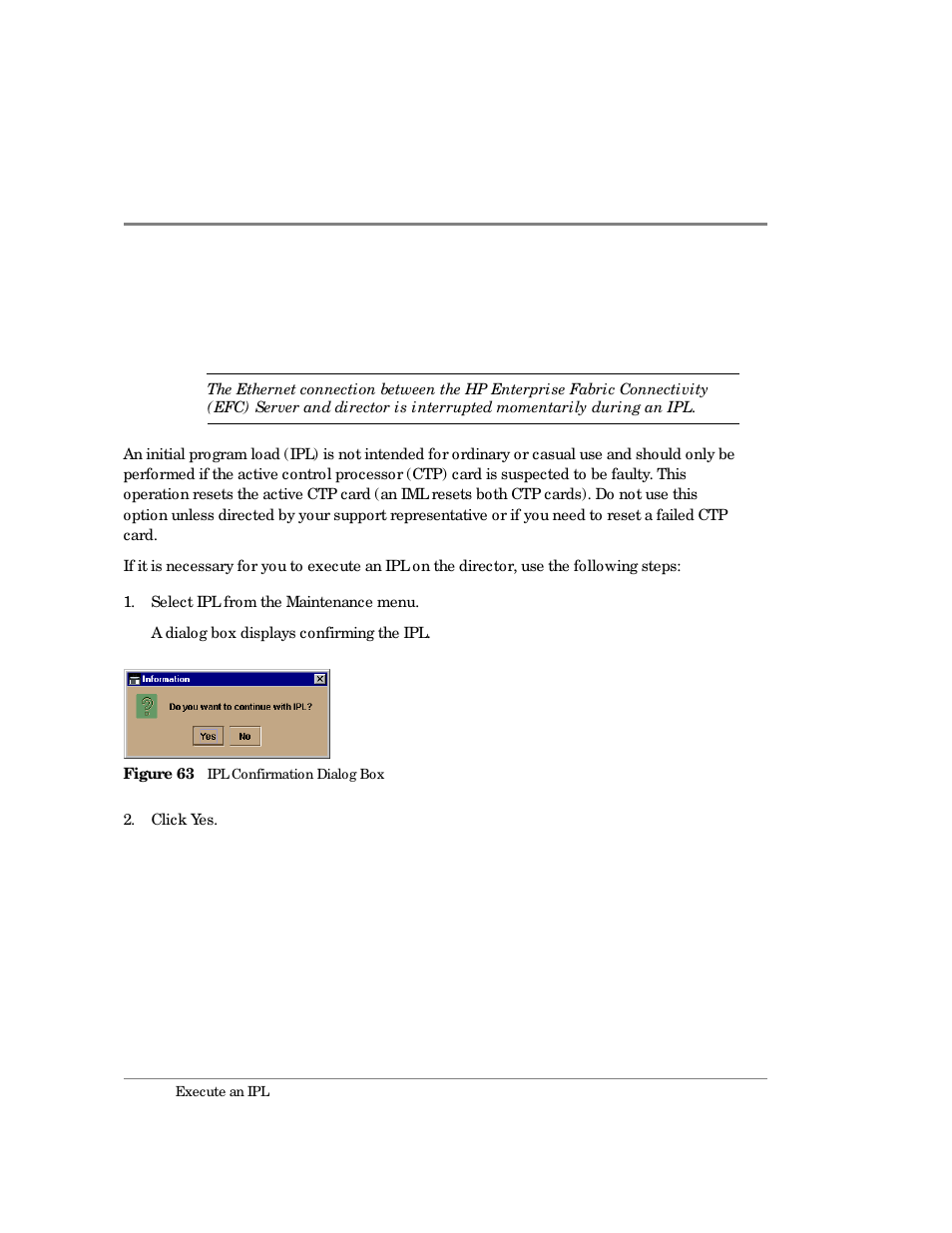 Execute an ipl, 63 ipl confirmation dialog box | HP Surestore 64 Director Switch User Manual | Page 182 / 260