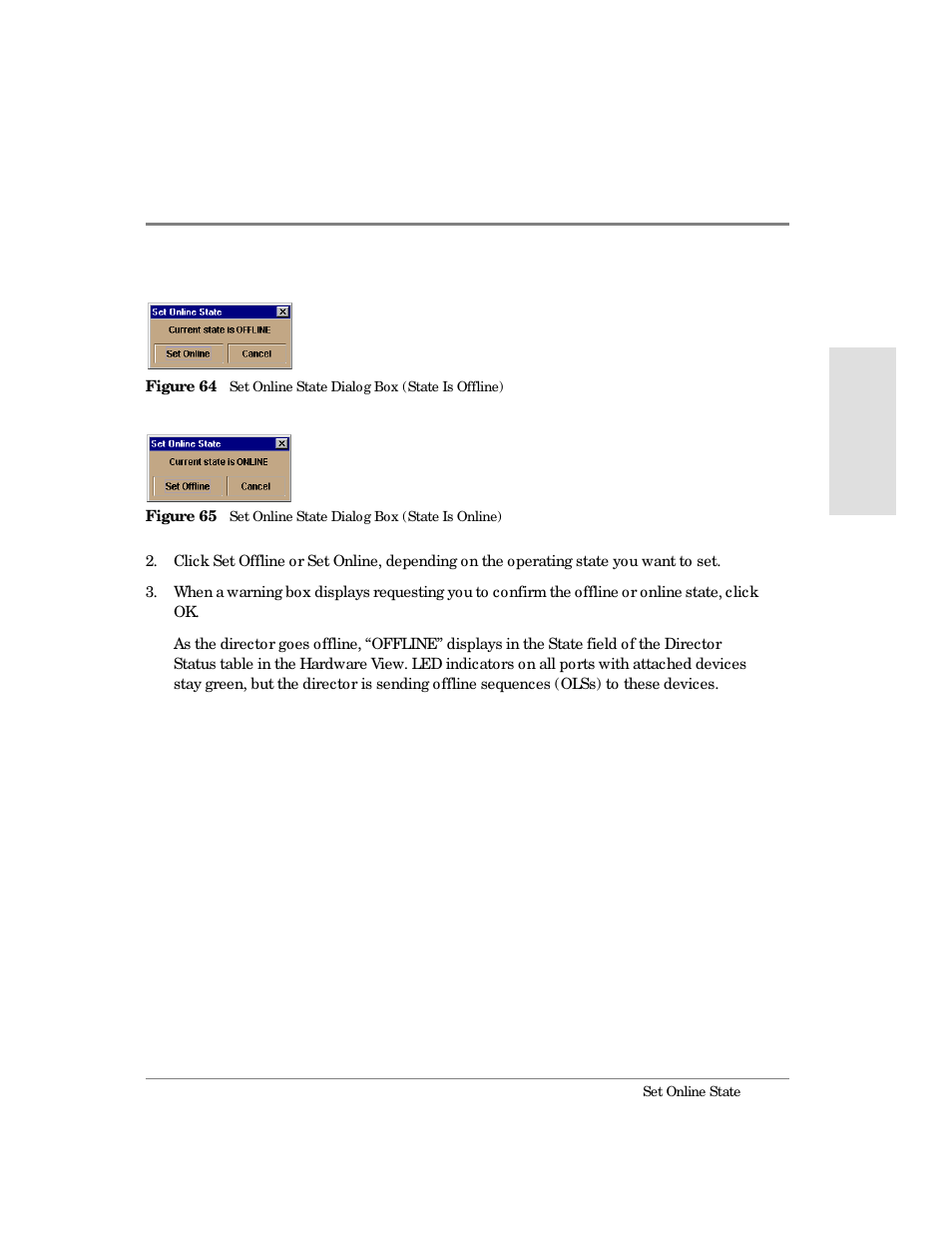 64 set online state dialog box (state is offline), 65 set online state dialog box (state is online) | HP Surestore 64 Director Switch User Manual | Page 185 / 260