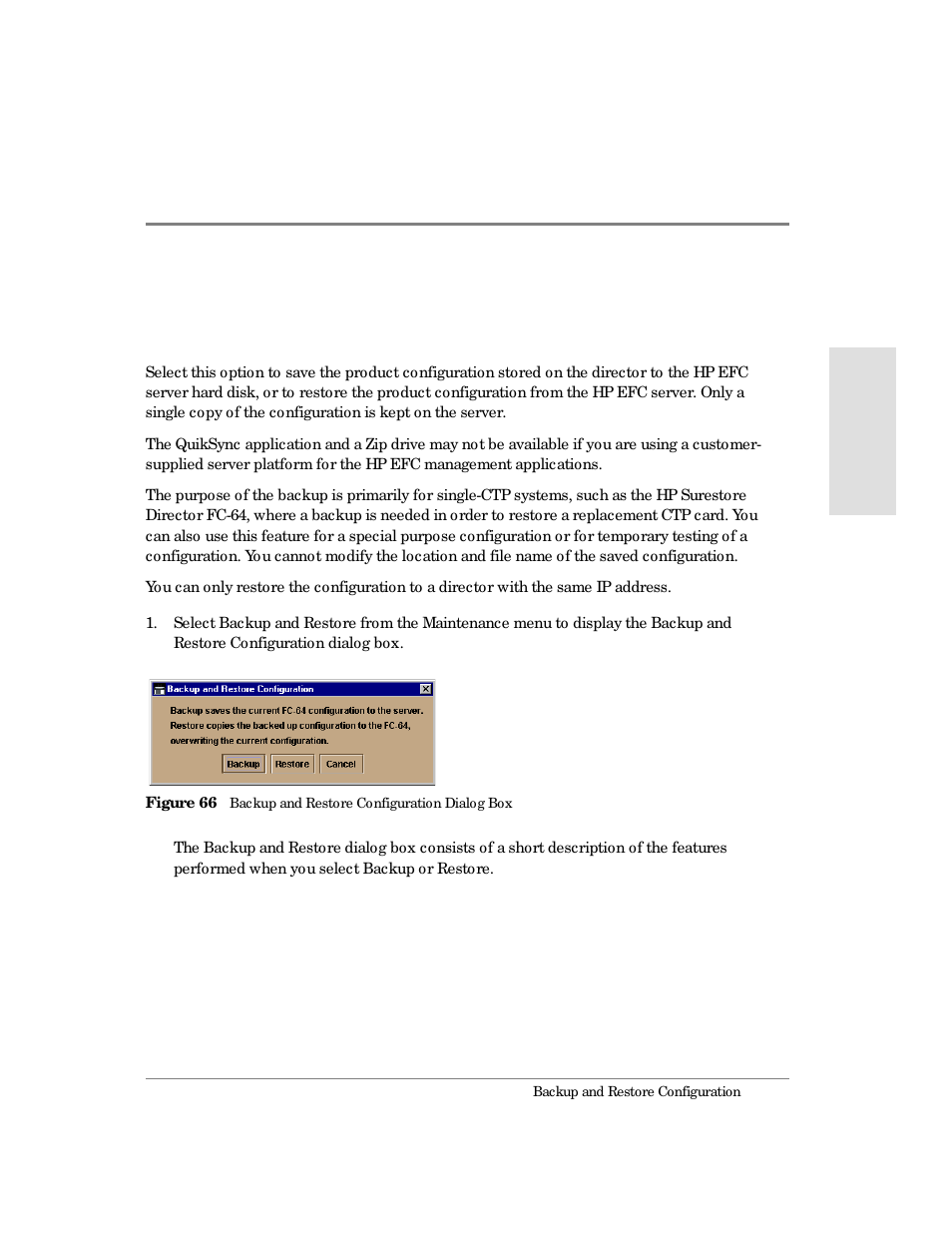 Backup and restore configuration, 66 backup and restore configuration dialog box | HP Surestore 64 Director Switch User Manual | Page 189 / 260