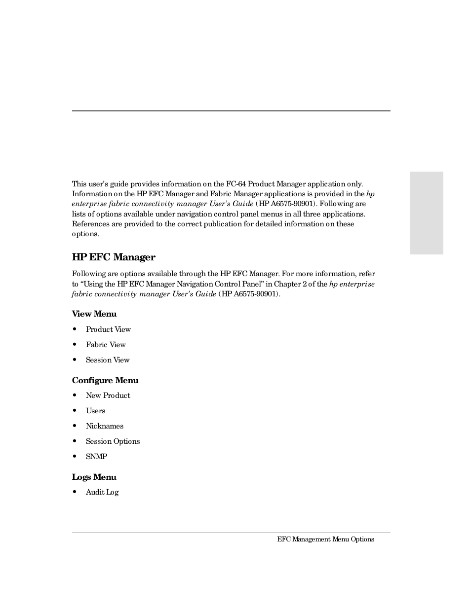 Efc management menu options, Hp efc manager | HP Surestore 64 Director Switch User Manual | Page 19 / 260