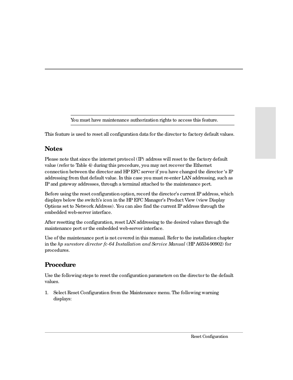 Reset configuration, Notes, Procedure | HP Surestore 64 Director Switch User Manual | Page 191 / 260