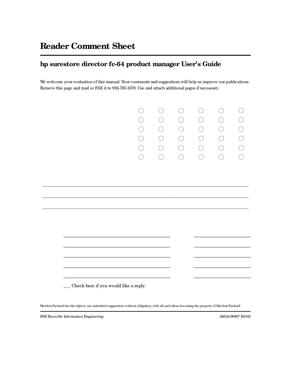 Reader comment sheet | HP Surestore 64 Director Switch User Manual | Page 257 / 260