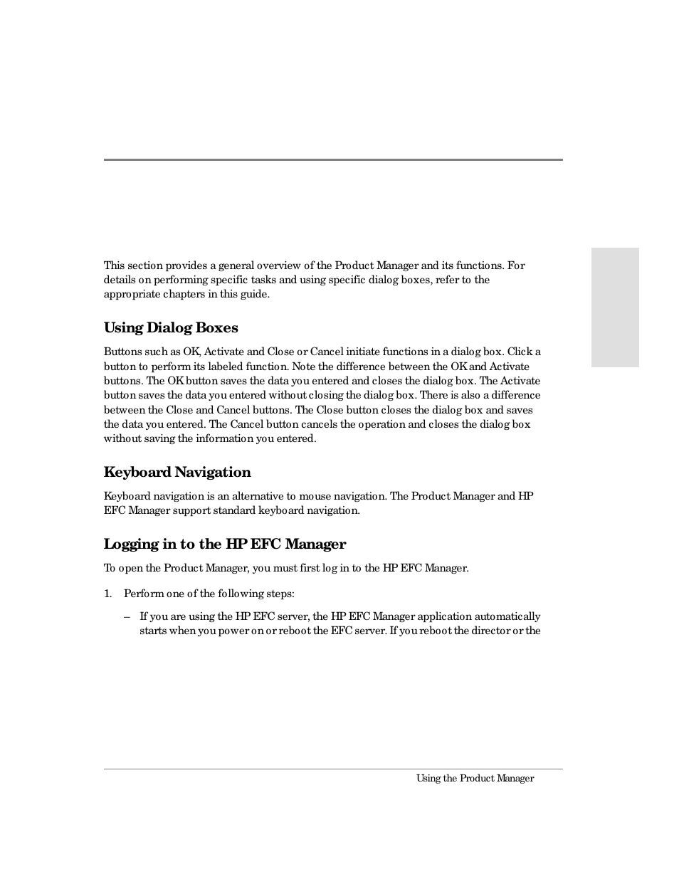 Using the product manager, Using dialog boxes, Keyboard navigation | Logging in to the hp efc manager | HP Surestore 64 Director Switch User Manual | Page 27 / 260