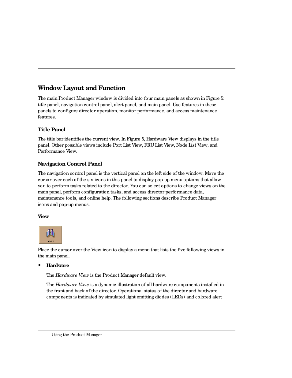 Window layout and function, Title panel | HP Surestore 64 Director Switch User Manual | Page 32 / 260