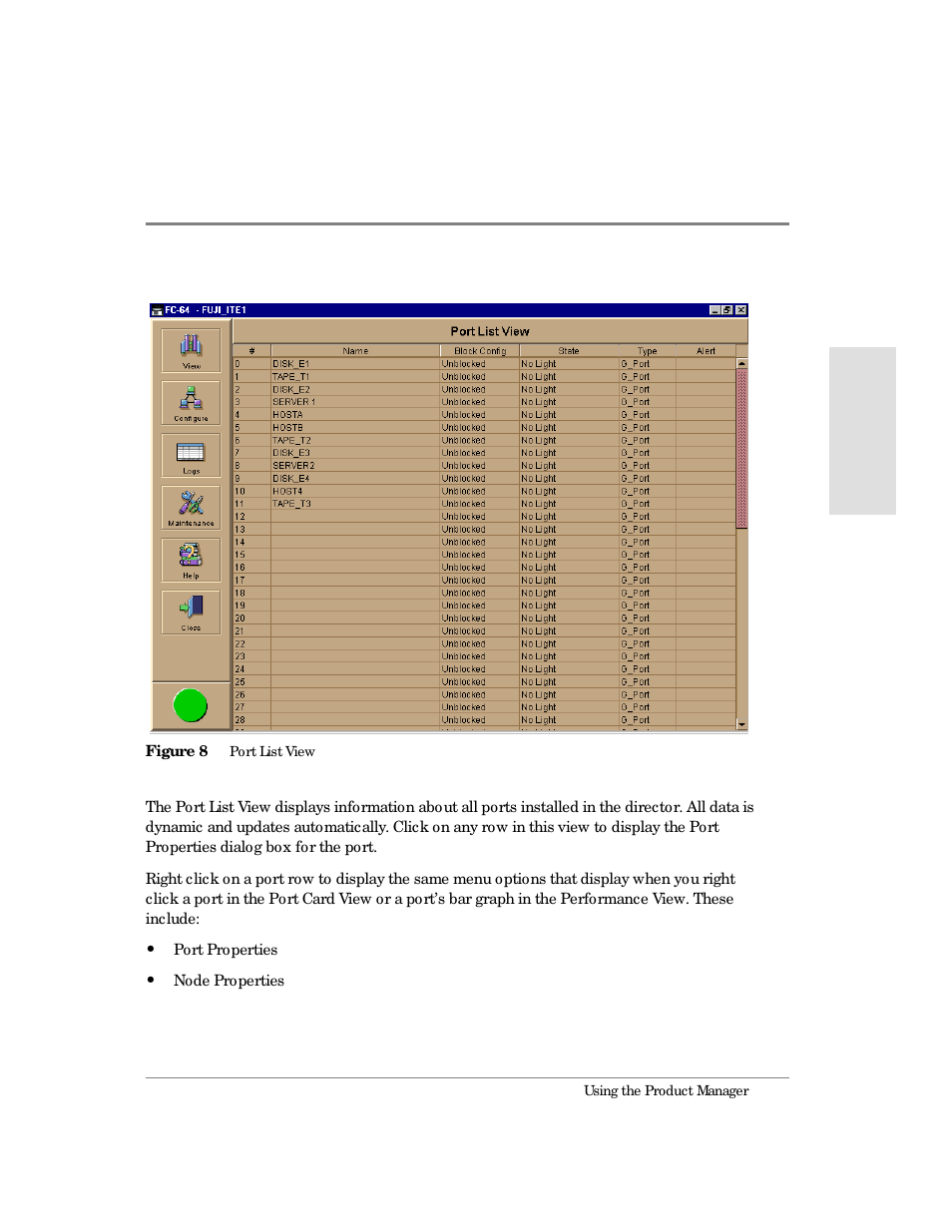 8 port list view | HP Surestore 64 Director Switch User Manual | Page 49 / 260