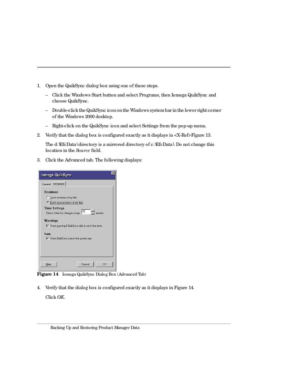 14 iomega quiksync dialog box (advanced tab) | HP Surestore 64 Director Switch User Manual | Page 62 / 260