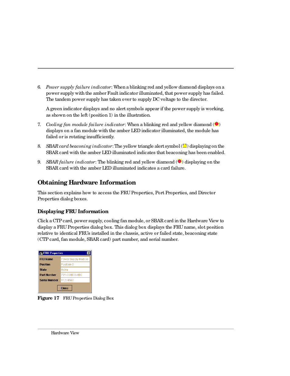 Obtaining hardware information, 17 fru properties dialog box | HP Surestore 64 Director Switch User Manual | Page 72 / 260