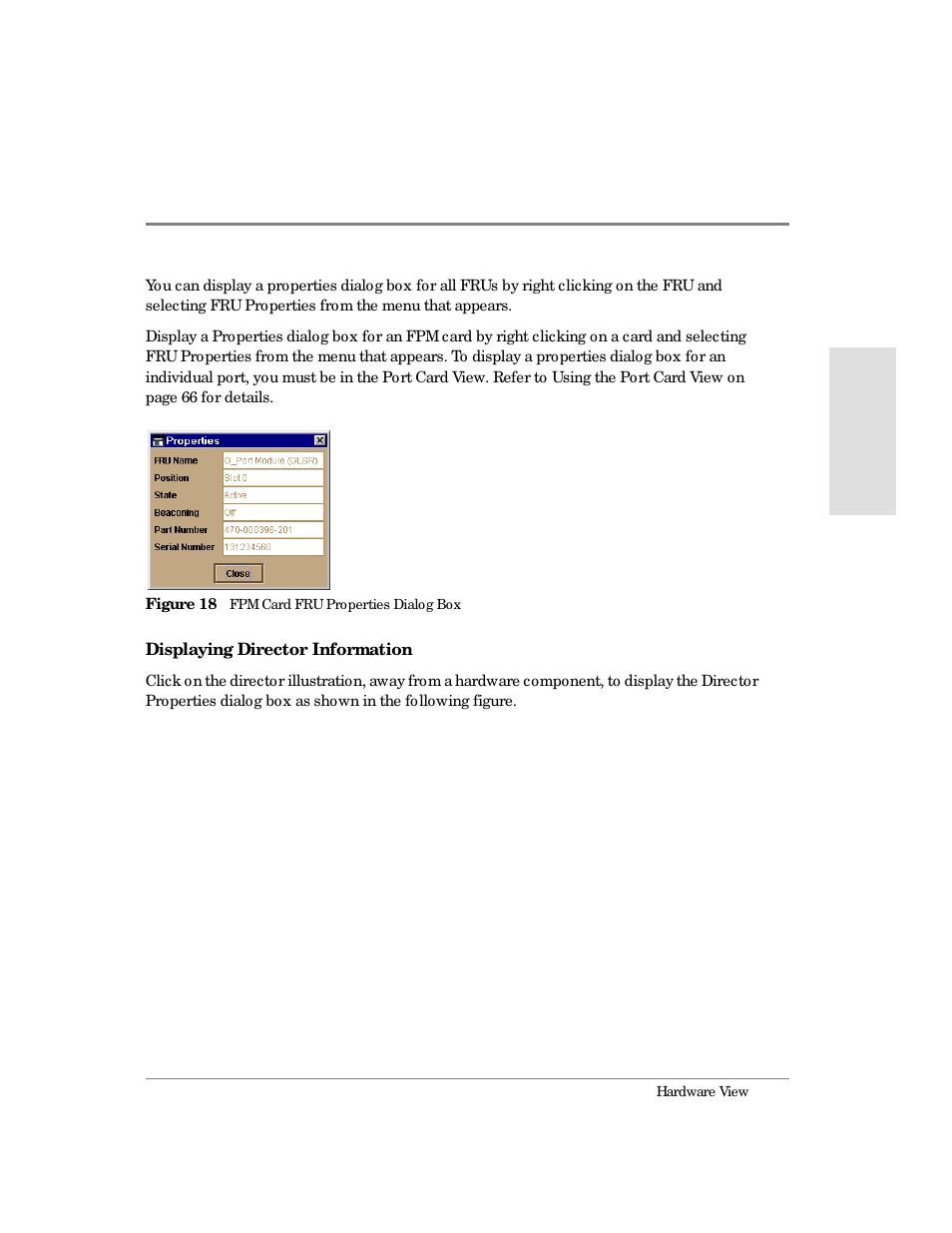 18 fpm card fru properties dialog box | HP Surestore 64 Director Switch User Manual | Page 73 / 260