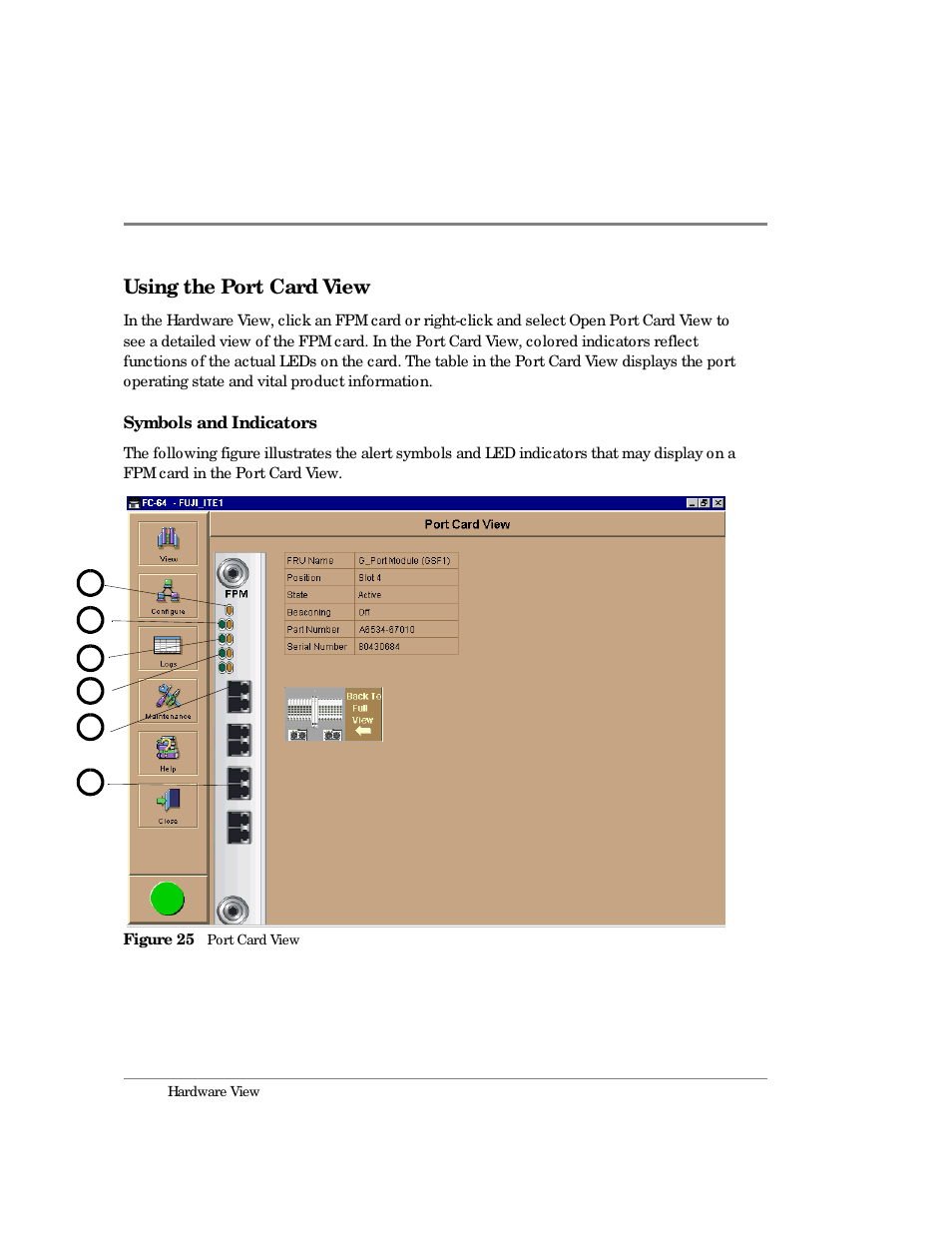 Using the port card view, 25 port card view | HP Surestore 64 Director Switch User Manual | Page 82 / 260