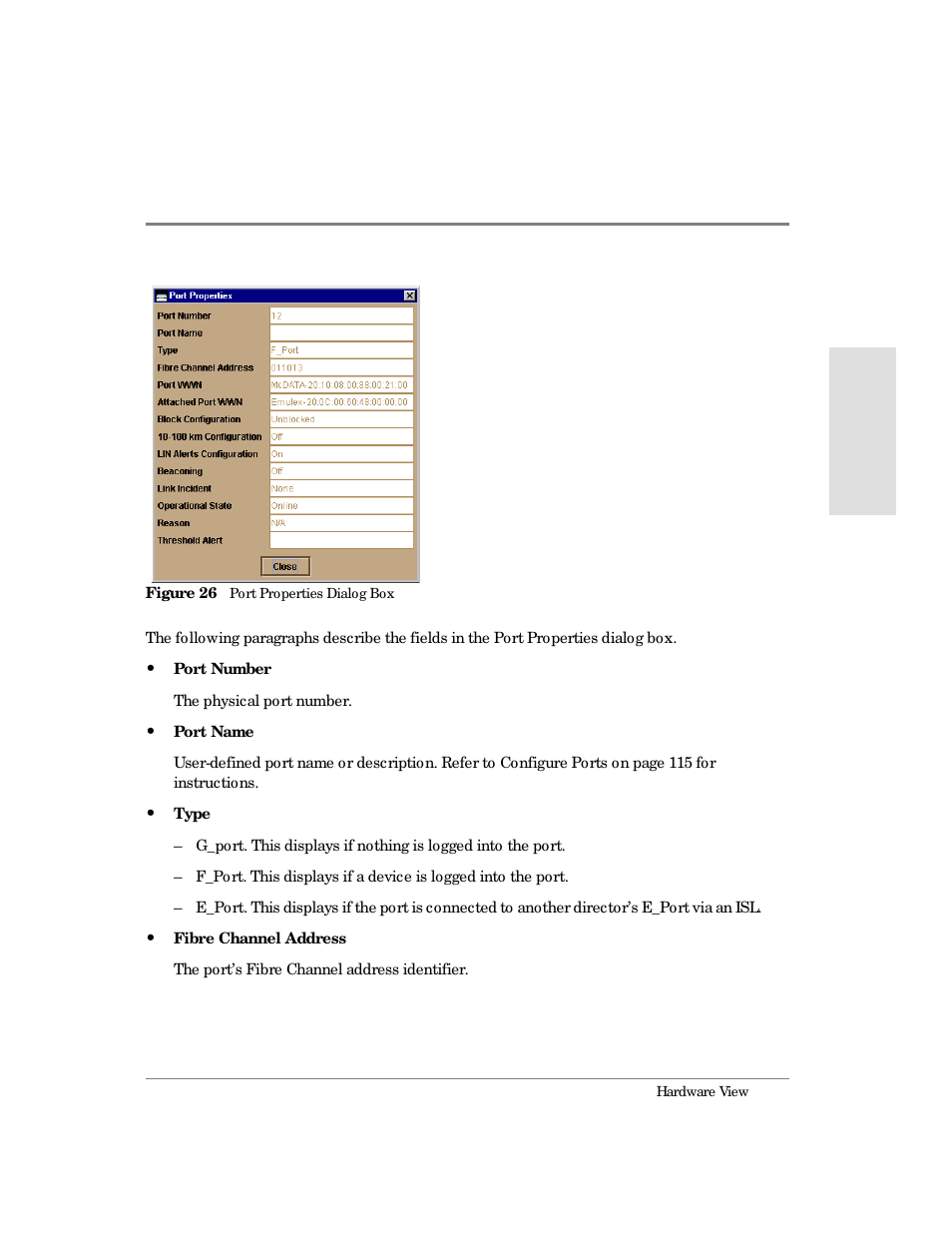 26 port properties dialog box | HP Surestore 64 Director Switch User Manual | Page 85 / 260