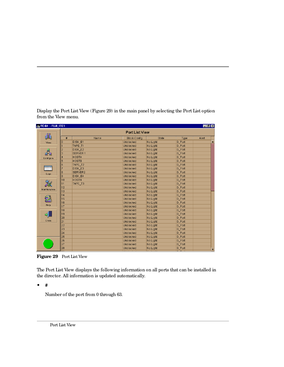 Port list view, 29 port list view | HP Surestore 64 Director Switch User Manual | Page 94 / 260