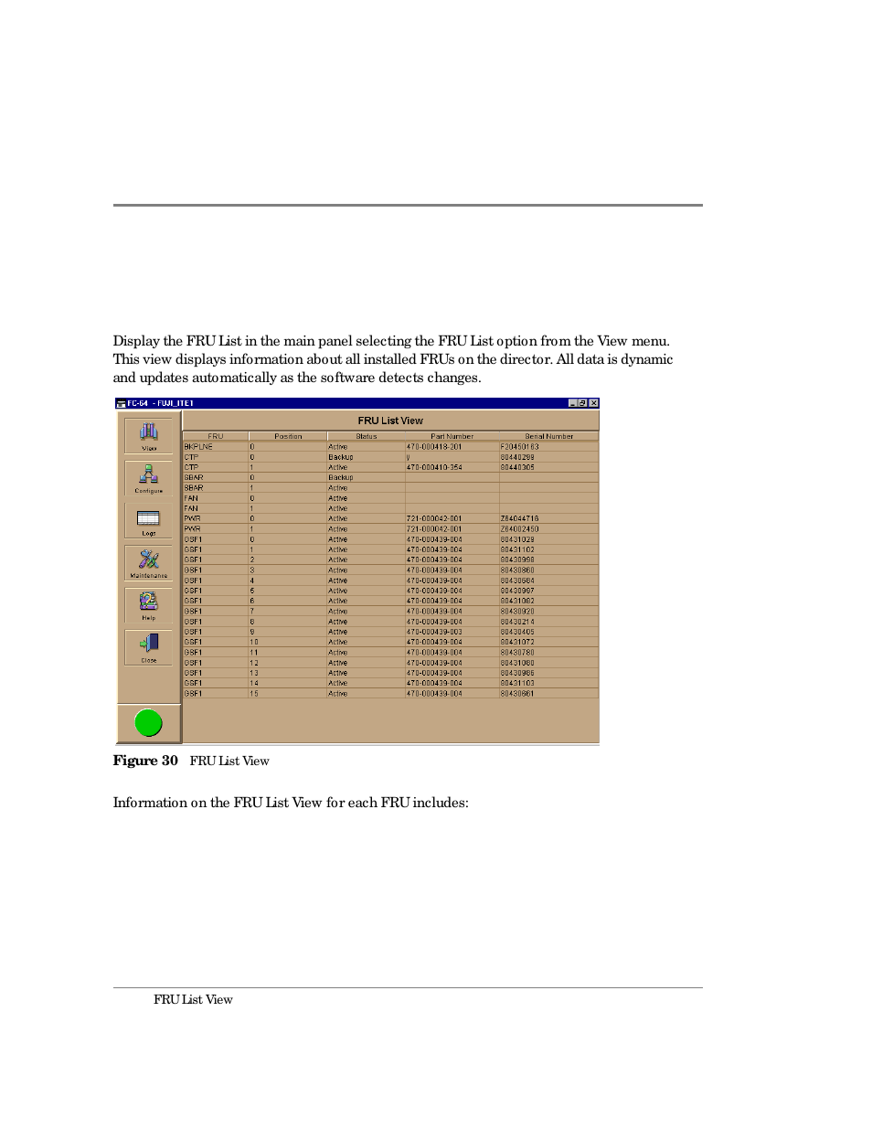 Fru list view, 30 fru list view | HP Surestore 64 Director Switch User Manual | Page 98 / 260