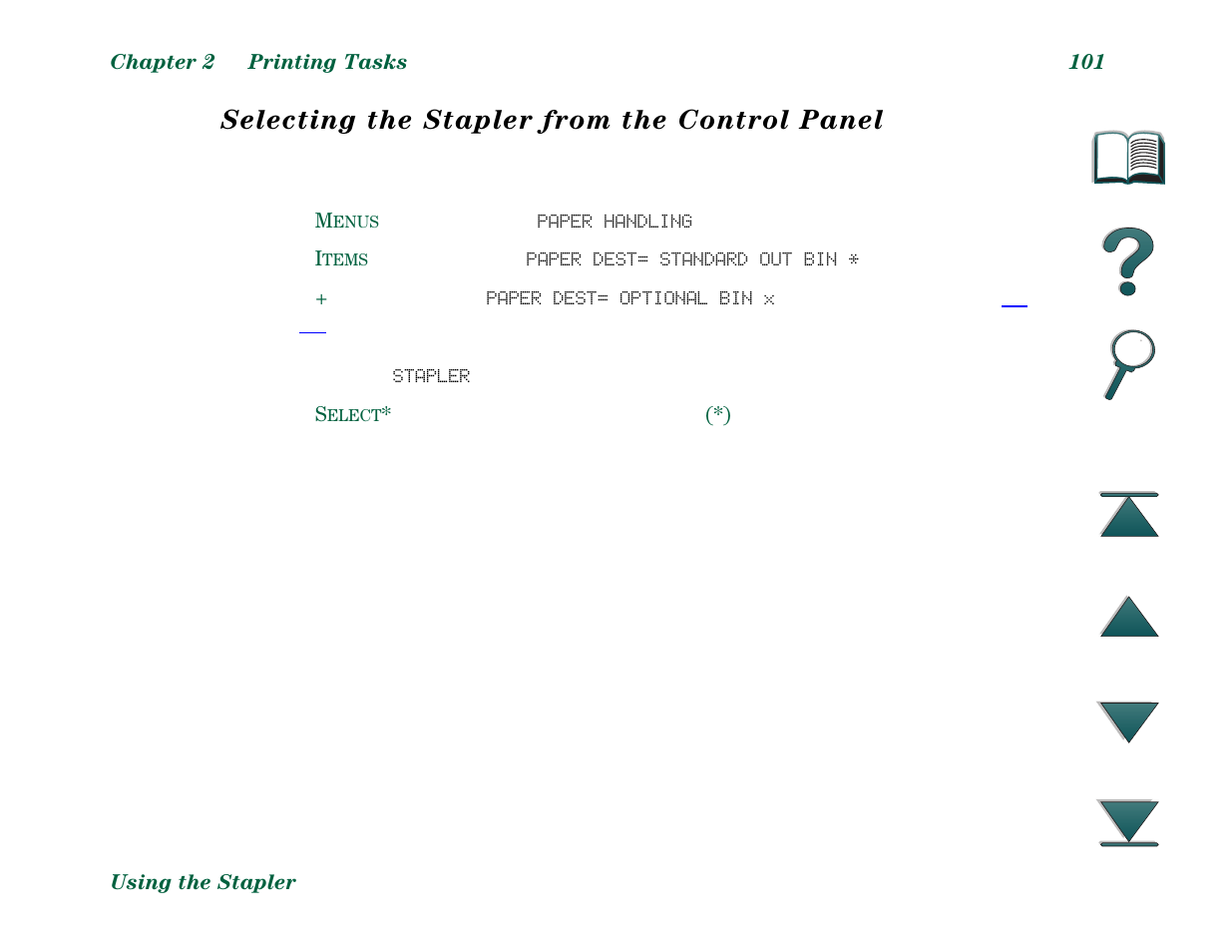 Selecting the stapler from the control panel | HP LaserJet 8000 Multifunction Printer series User Manual | Page 101 / 362