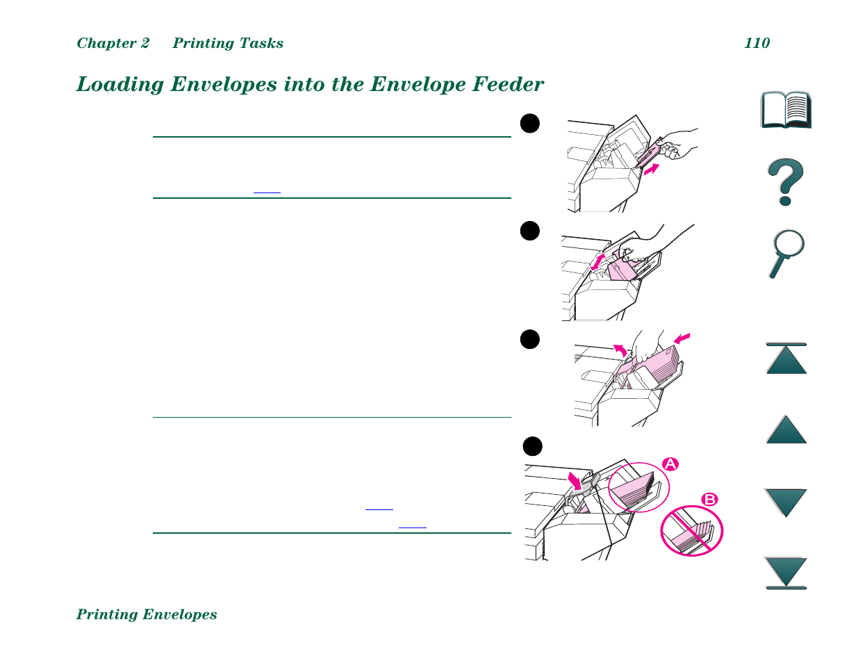 Loading envelopes into the envelope feeder | HP LaserJet 8000 Multifunction Printer series User Manual | Page 110 / 362