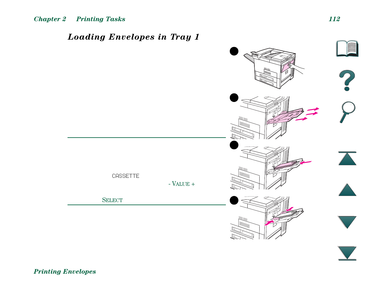 Loading envelopes in tray 1 | HP LaserJet 8000 Multifunction Printer series User Manual | Page 112 / 362