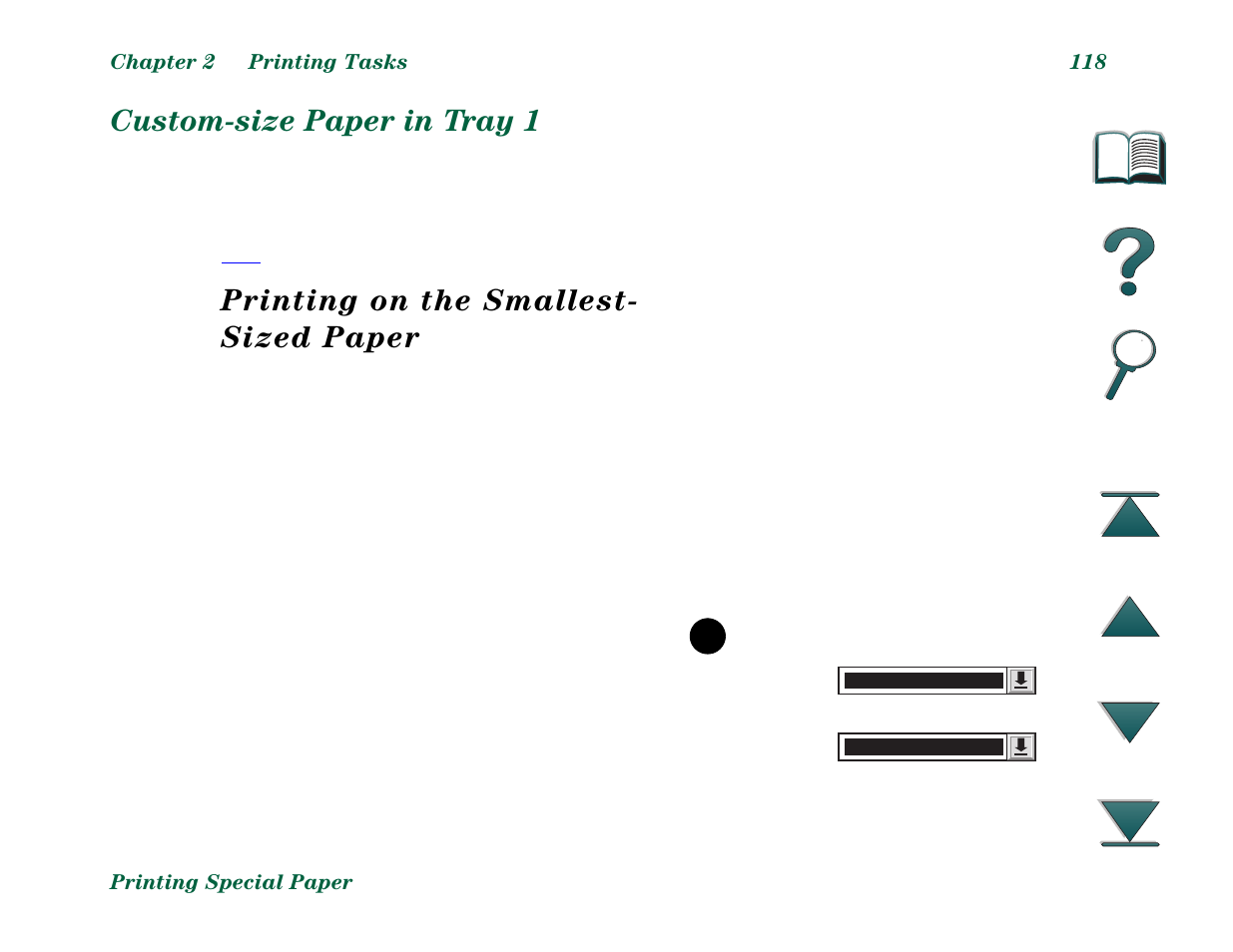 Customsize paper in tray 1, Custom-size paper in tray 1, Printing on the smallest- sized paper | HP LaserJet 8000 Multifunction Printer series User Manual | Page 118 / 362