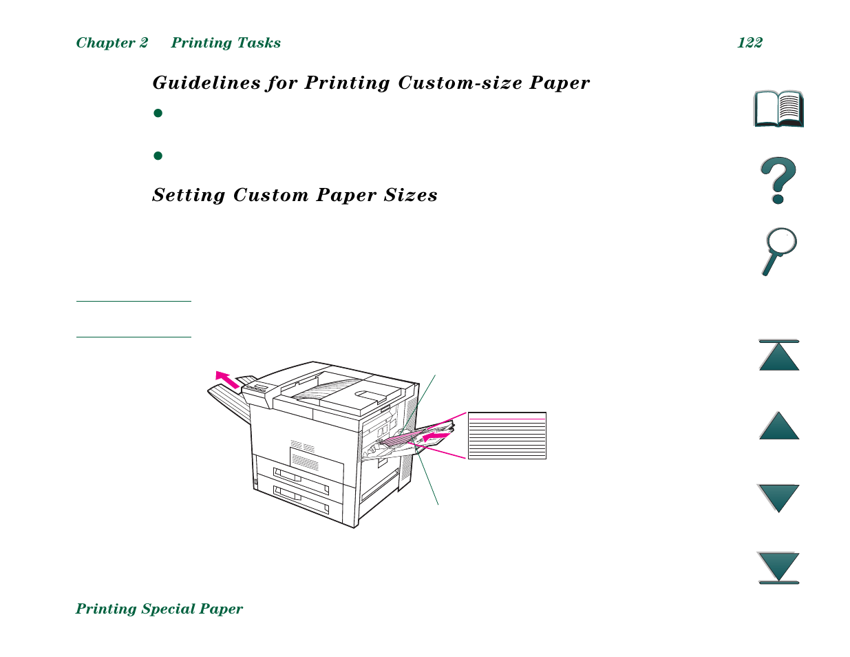 Guidelines for printing custom-size paper, Setting custom paper sizes | HP LaserJet 8000 Multifunction Printer series User Manual | Page 122 / 362