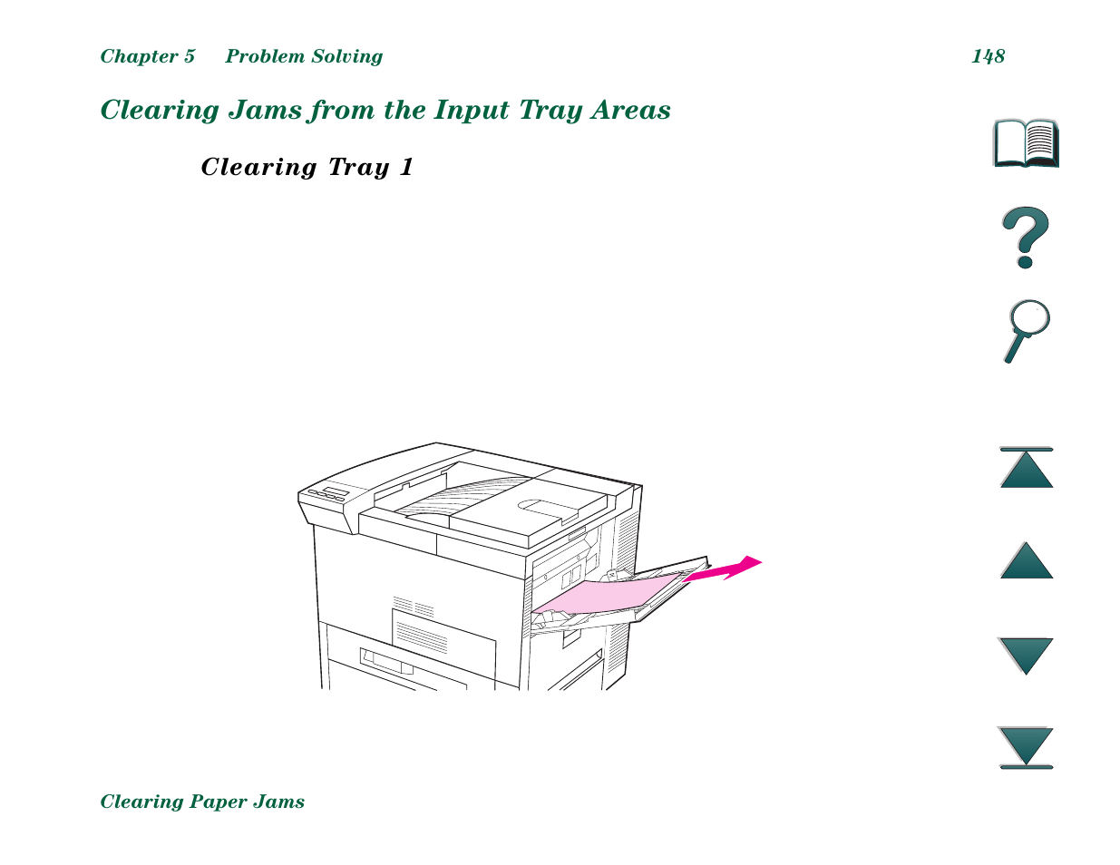 Clearing jams from the input tray areas, Tray 1, Clearing tray 1 | HP LaserJet 8000 Multifunction Printer series User Manual | Page 148 / 362