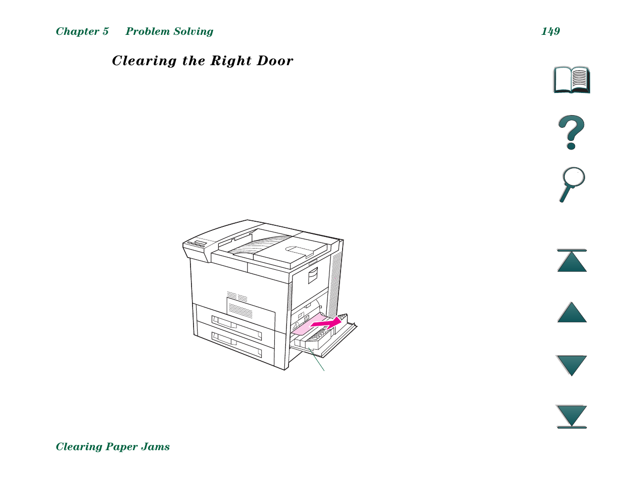 Right door, Clearing the right door | HP LaserJet 8000 Multifunction Printer series User Manual | Page 149 / 362
