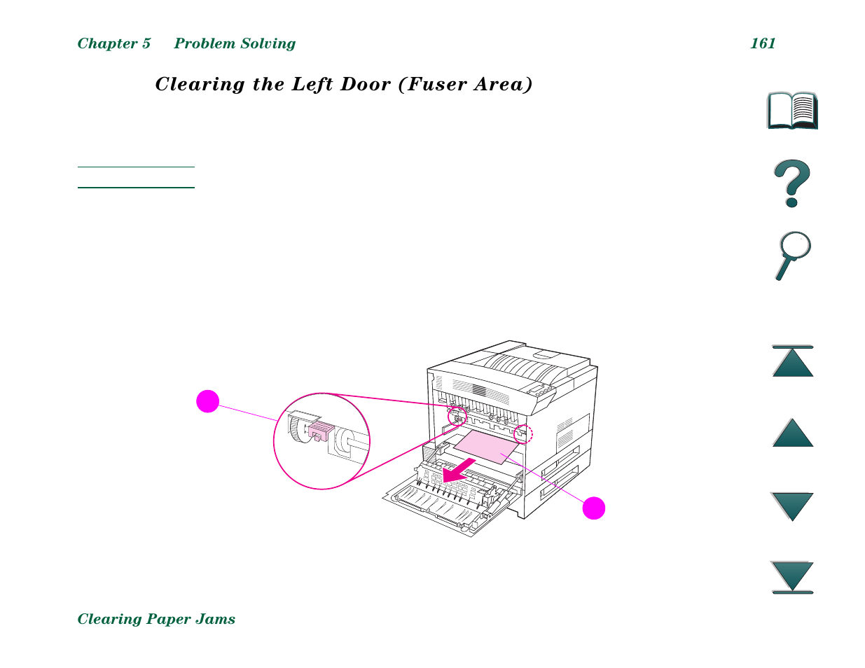 Left door, Clearing the left door (fuser area) | HP LaserJet 8000 Multifunction Printer series User Manual | Page 161 / 362