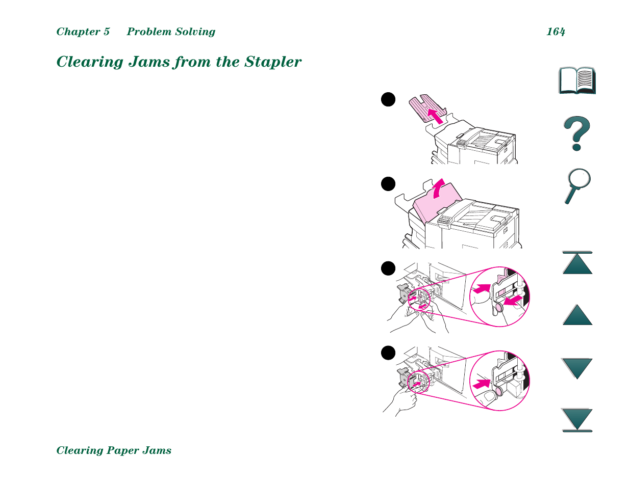 Clearing jams from the stapler, Stapler | HP LaserJet 8000 Multifunction Printer series User Manual | Page 164 / 362