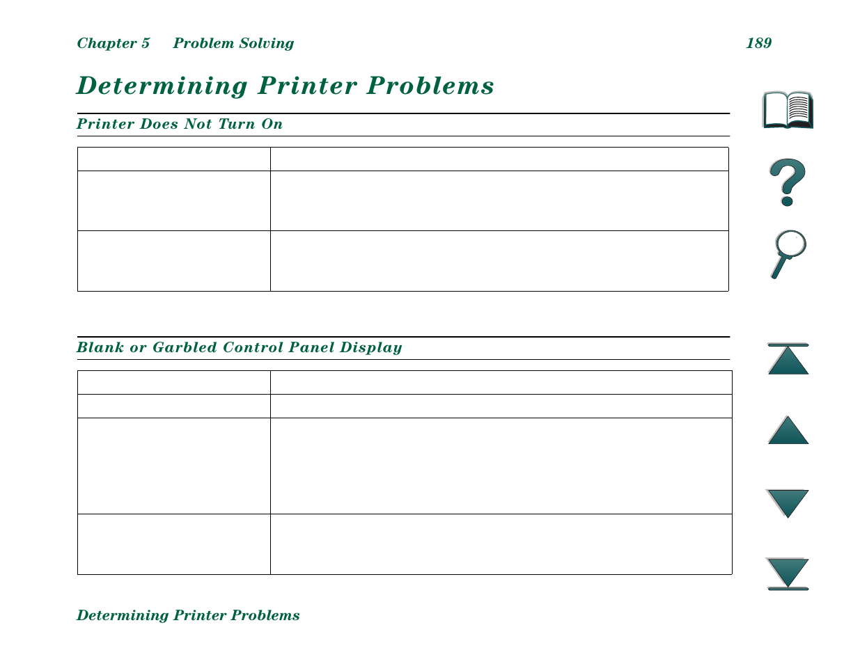 Determining printer problems, Printer does not turn on, Blank or garbled control panel display | HP LaserJet 8000 Multifunction Printer series User Manual | Page 189 / 362