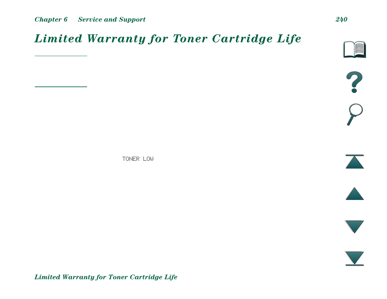 Limited warranty for toner cartridge life | HP LaserJet 8000 Multifunction Printer series User Manual | Page 240 / 362