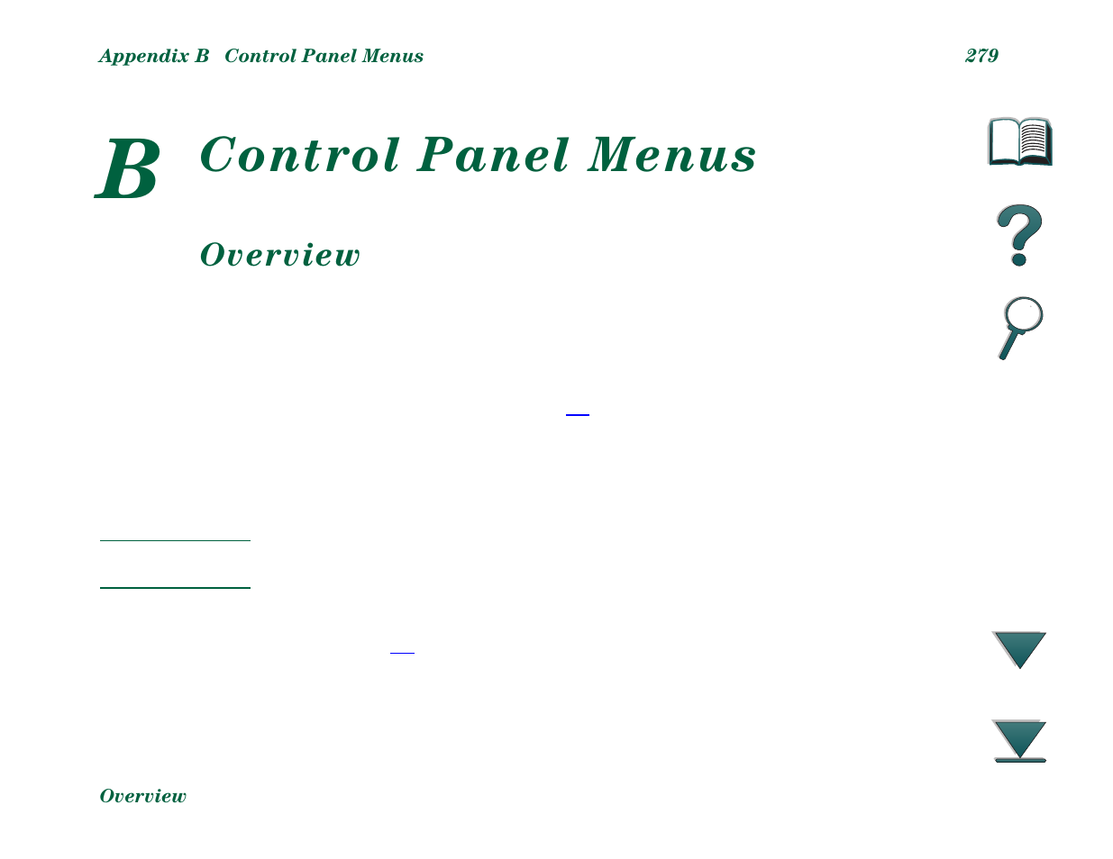 Control panel menus, Overview, B control panel menus | HP LaserJet 8000 Multifunction Printer series User Manual | Page 279 / 362