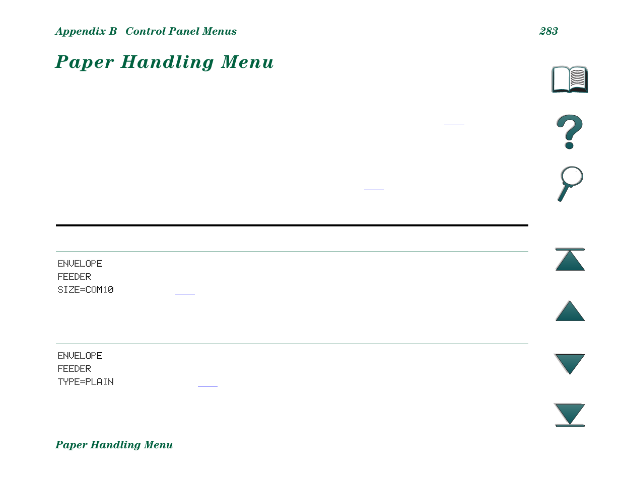 Paper handling menu | HP LaserJet 8000 Multifunction Printer series User Manual | Page 283 / 362